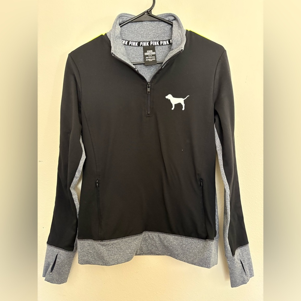 Small Victoria’s Secret PINK Black and Gray Quarter-Zip Pullover with Neon Green